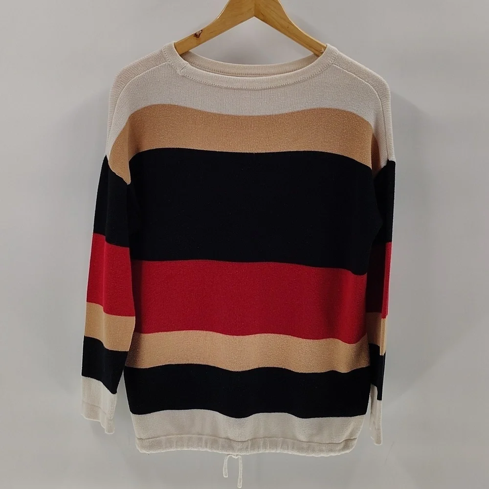 Color Block Sweater Size Large Black Red Tan White Pullover Drawstring Waist - Picture 4 of 5